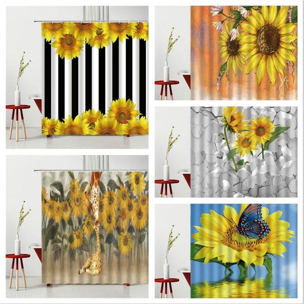 Tende da doccia Girasole Farfalla Tenda Fiori Strisce bianche e nere Paesaggio floreale Tessuto in poliestere Decorazione bagno