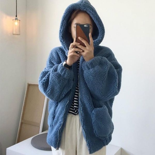 

women's fur & faux women lamb hoodies bombers coat winter hooded wool sheep shearing long sleeve zipper cardigan pockets parka 2021, Black