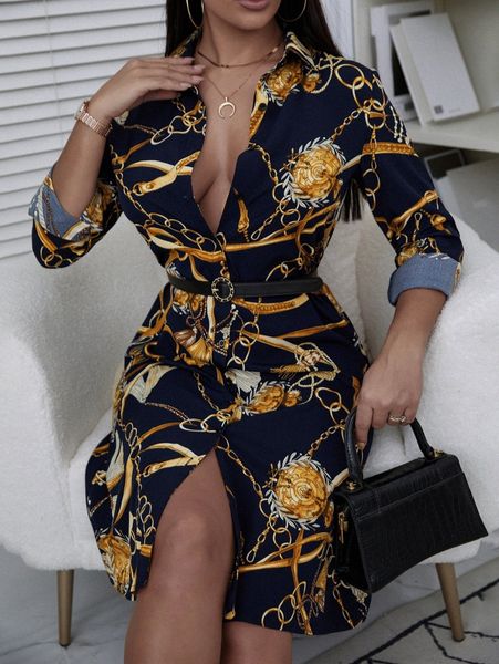

sxy chain print dress without leather belt y7dm#, Black;gray