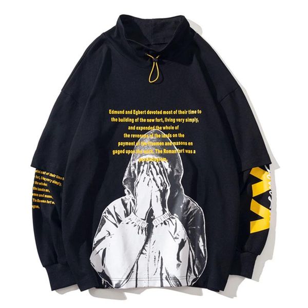

men's hoodies & sweatshirts hip hop oversized cartoon anime print splice fake two-piece long-sleeved tee half high collar plus velvet p, Black