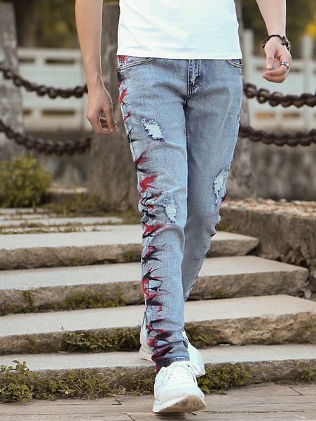 

men random brush print ripped jeans f0gi#, Blue