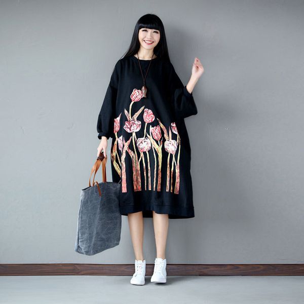 

johnature plus size loose leisure o-neck pockets floral print dress autumn comfortable women pullover korean dresses 210521, Black;gray