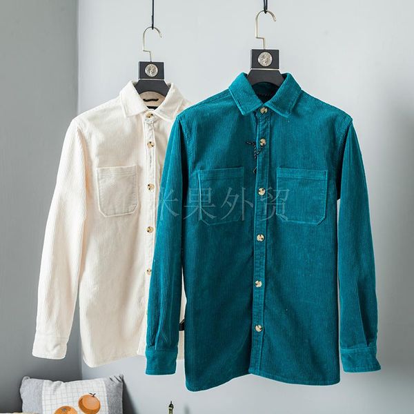 

spring men fashion loose single breasted vintage corduroy fabric cotton casual shirt men's shirts, White;black