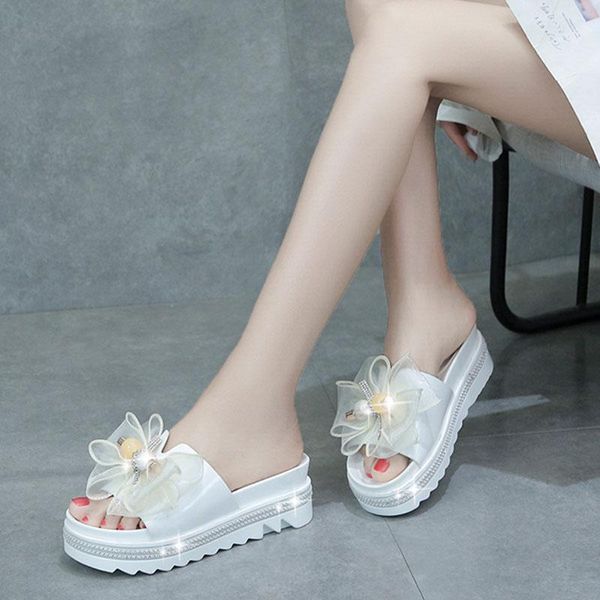 

women slippers sweet lace bow-knot summer ladies platform comfort flat heels shoes woman crystal beach slides, Black