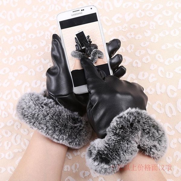 

1jcp fur mouth gloves wrm clothing women' wer winter women' werin utumn nd winter pu lether to mittens uch screen with plush glo, Blue;gray