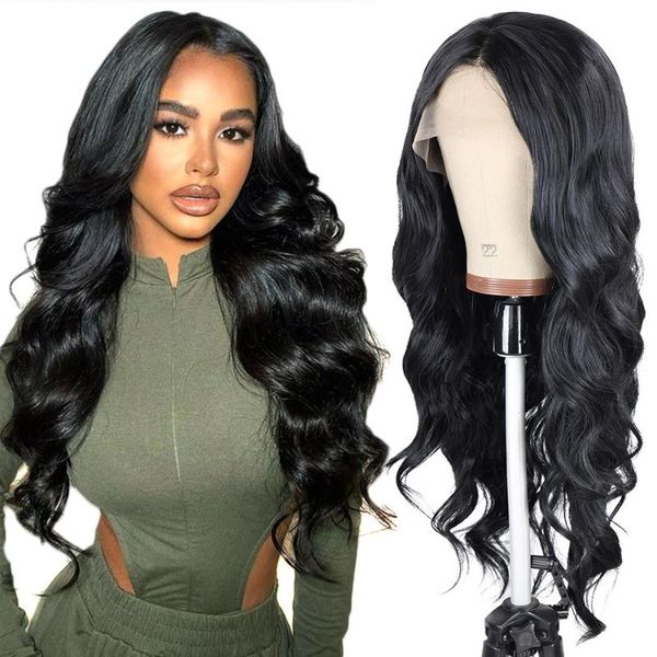 

synthetic wigs body wave lace front wig t part for black women biologic fake hair long 28inches deep closure