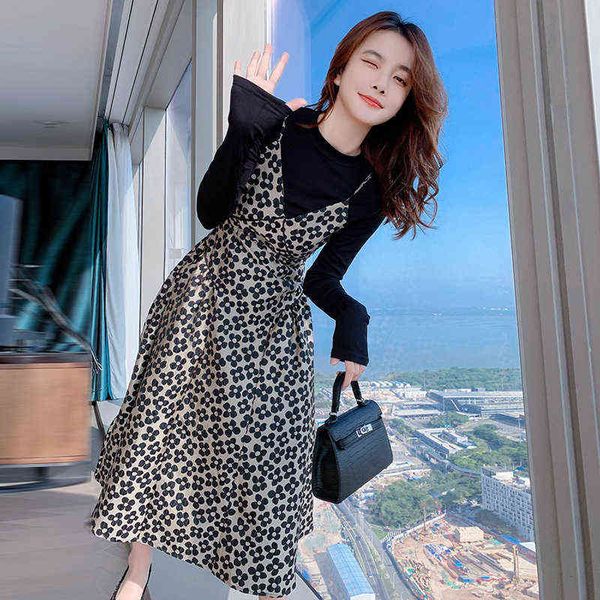 

casual dresses premium french hepburn flower suspender medium length dr's inner long sleeve bottomed shirt two-piece set, Black;gray