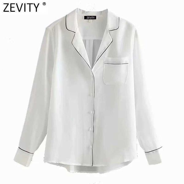 Zeveity женская мода черный край поворотный воротник White Smock Blouse Office Lady Pocket повседневная рубашка Chic Blusas Tops LS7632 210603