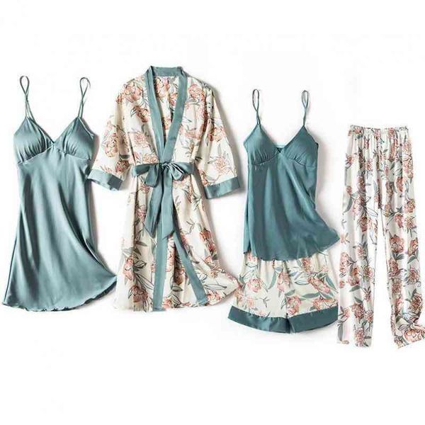 Blaues Schlafset Intimwäsche Sexy NightyRobe Anzug Damen Kimono Bademantel Kleid Satin Print Blumen Nachtwäsche Homewear