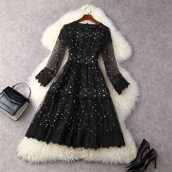 

casual dresses spring long sleeve round neck black floral lace tulle panelled mid-calf dress elegant lf2511868 shus, Black;gray