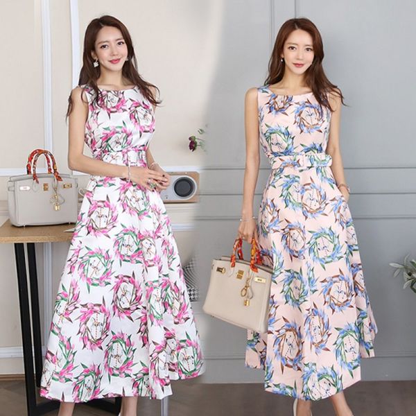 

temperament retro printed long women summer ol o-neck sleeveless a line office slim mid-calf dresses with belt 210514, Black;gray