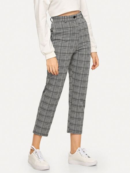 

plaid button decoration pants d8hh#, Black;white