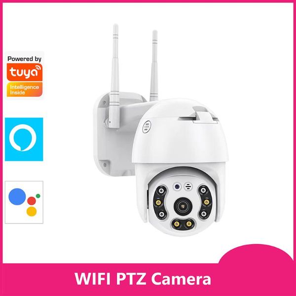 

tuya wifi ip ptz camera outdoor 4x digital zoom night full color ip65 security cctv work with alexa-google home cameras
