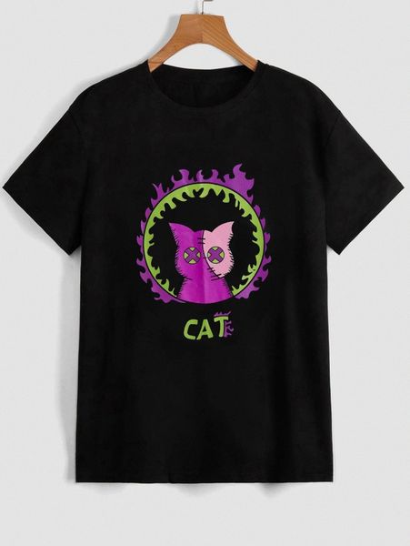 

romwe guys cat letter graphic tee y0xn#, White;black