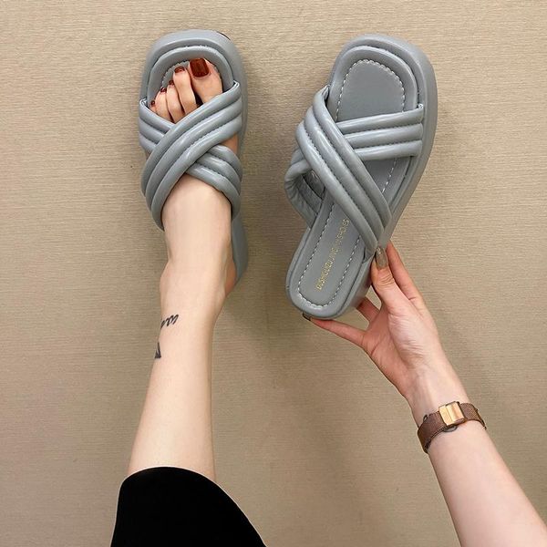 

slippers women 2021 summer candy color thick bottom fashion slides cross-strap flat platform lady shoes casual flip flops, Black