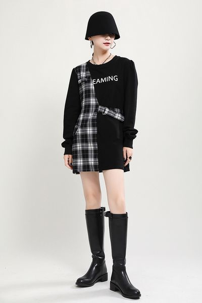 

dress Msxu Autumn and winter all-match mid-length topos temperament half-vest seam dressed in long sleeve shirt, Black;gray