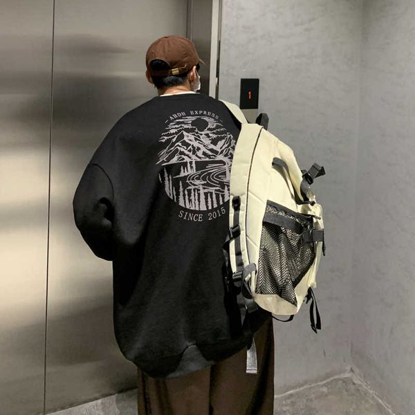 

2021spring 2021 new pullover sweater men's loose snow mountain scenery print round neck coat simple top, White;black