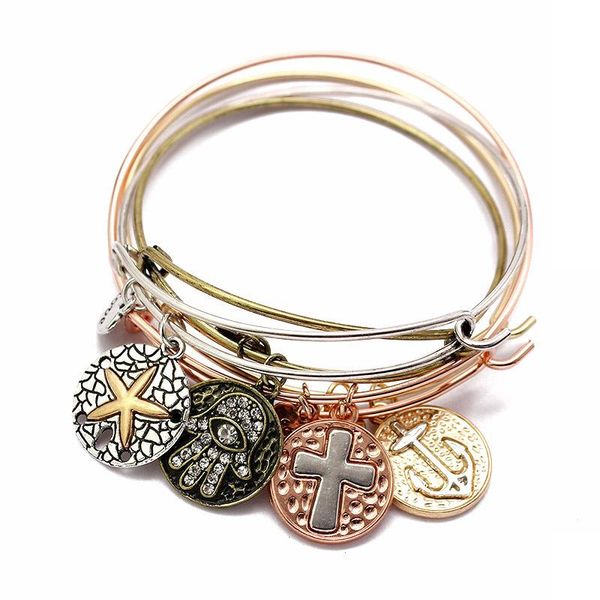 

bangle jacoso adjustable expandable wire bracelets vintage hamsa hand starfish cross anchor pendant charm & bracelet for women, Black
