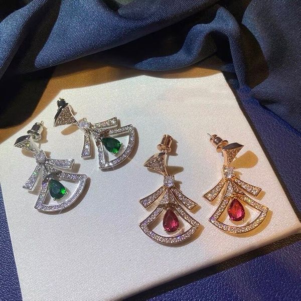 

charms earrings baojia fan-shaped 925 sterling silver plated 18k gold hole diamond inlaid peacock green small skirt red agate, Golden