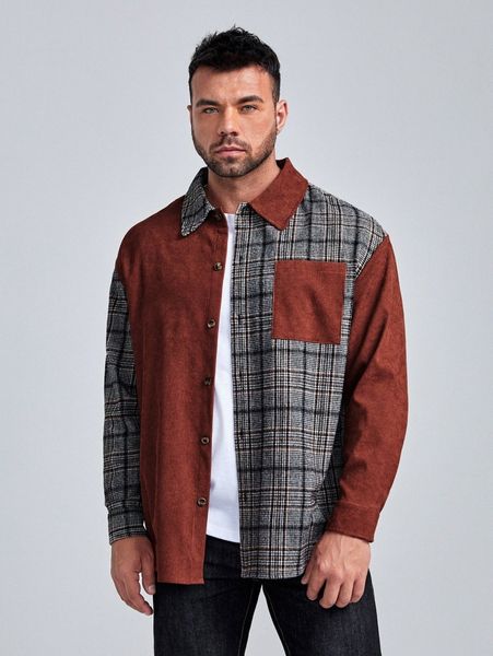 

extended sizes men pocket front cord panel plaid shirt s38e#, White;black
