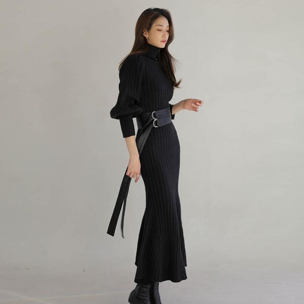 

casual dresses autumn and winter knitted turtleneck long over the knee with a bottoming fishtail sweater dress women 2021 women's cloth, Black;gray