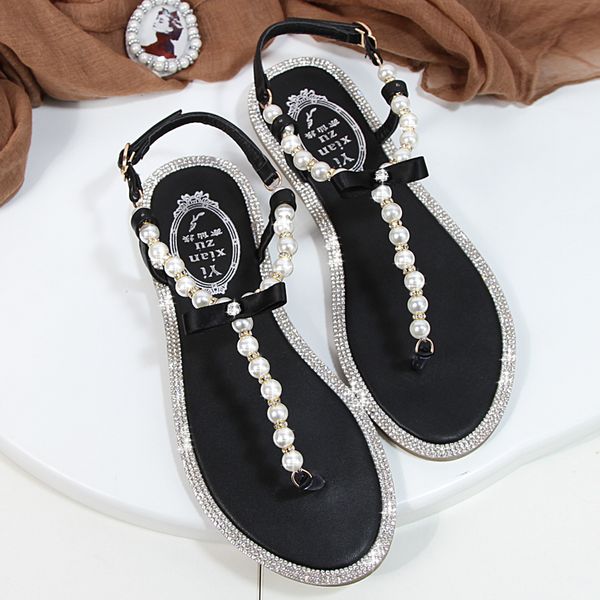 

woman designer pearl sandals women sandals 2021 new summer shoes flat pearl sandals comfortable string bead beach slippers casua, Black