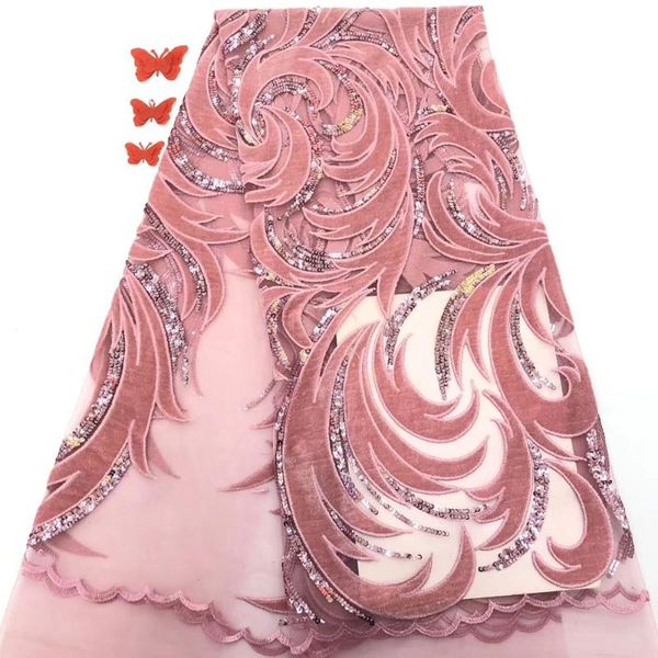 

ribbon design sequins african embroidery velvet tulle lace fabric nigeria french flannel dress skirt 5 yards, Pink;blue