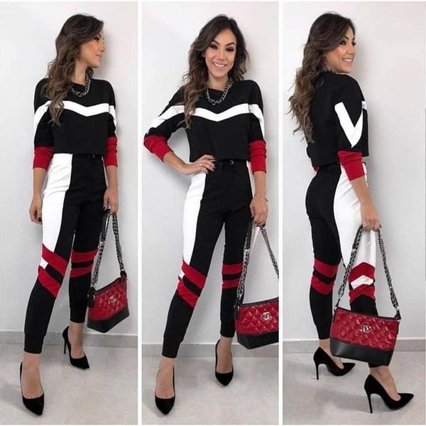 

two piece set women stripe o-neck running sport pants suit female lounge wear tracksuit outfits fall clothes ropa mujer women's tracks, Gray