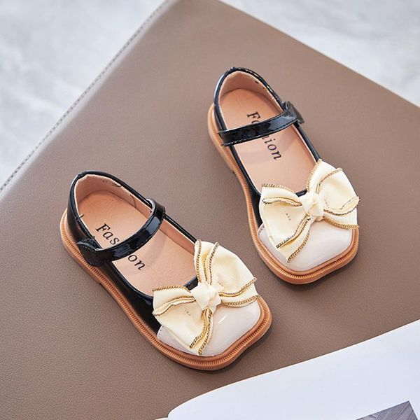 

flat shoes 2021 children girls leather bow autumn square head kids baby fashion princess casual loafers, Black;grey