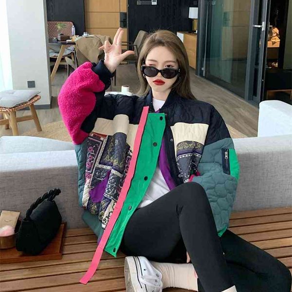 

korobov korean harajuku ulzzang women coats vintage hit color patchwork oversize female jackets streetwear warm parkas coat 210430, Black;brown