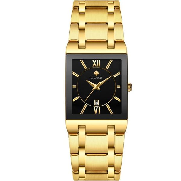 

wristwatches 2021 wwoor men watches golden black case quartz movement square calendar male watch waterproof gifts, Slivery;brown