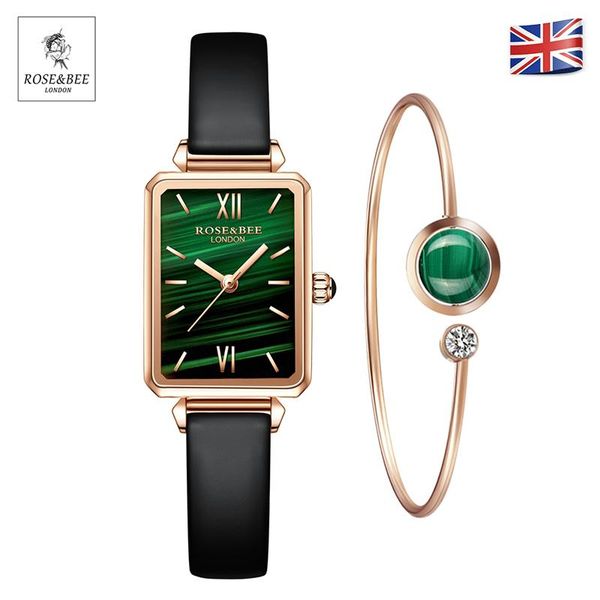 

1 set watch with bracelet green malachite rectangle dial japan quartz ladies genuine leather waterproof watches women wristwatches, Slivery;brown