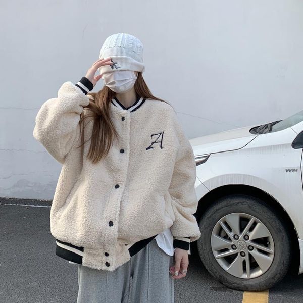 

women 2021 fashion lamb wool jacket baseball uniform coat vintage stand-up neck long sleeve female outerwear chic women's jackets, Black;brown