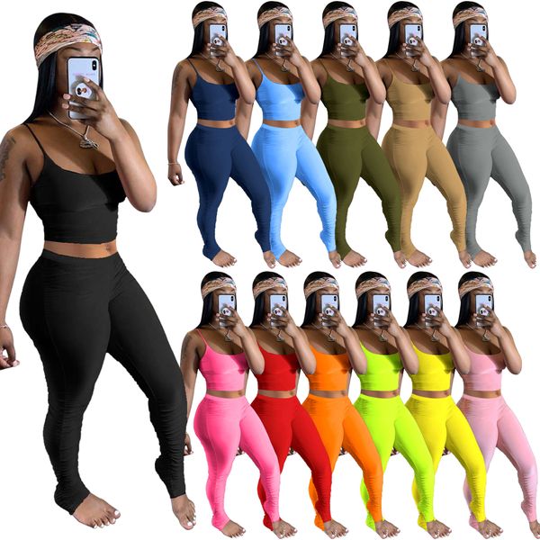 2 peças conjunto de tracksuits Mulheres Verão Clother Elastic Crop Top e Stacked Legging Pant Suit Sexy Club Outfits Conjuntos de Correspondência de duas peças