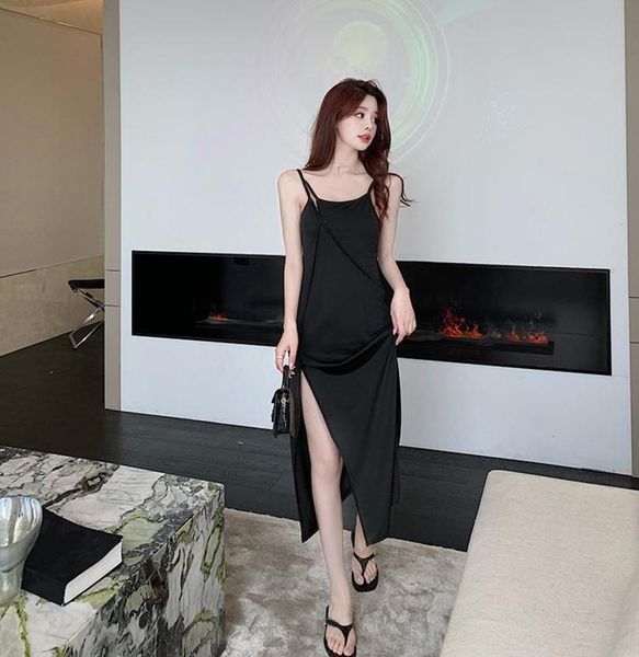 

chinese style modified cheongsam girl's young medium length split print slim suspender dress, Black;gray