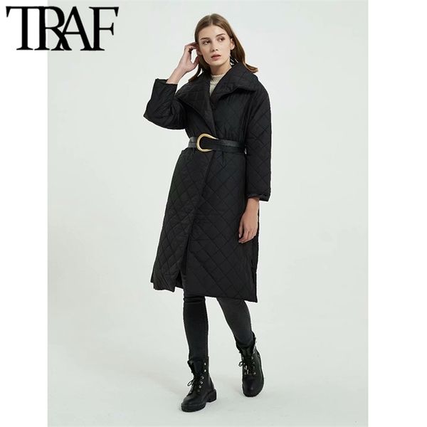 

women fashion thick warm with belt loose padded coat vintage long sleeve pockets female outerwear chic overcoat 210507, Black