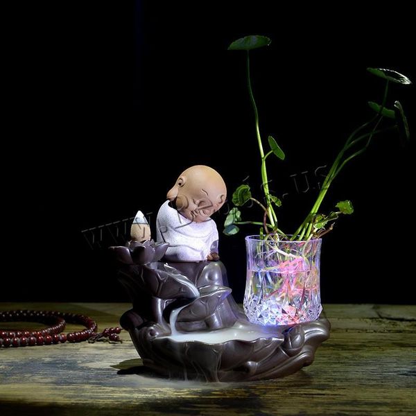 

fragrance lamps backflow incense burner the little monk small buddha censer sticks holder with led light 10pcs cones