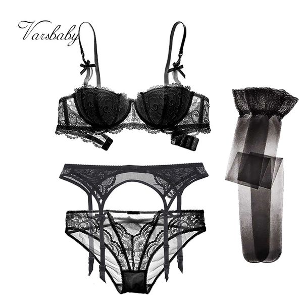 

varsbaby bow underwire half cup push up bra set 4pcs bra+panties+garter+stoings for ladies, Red;black