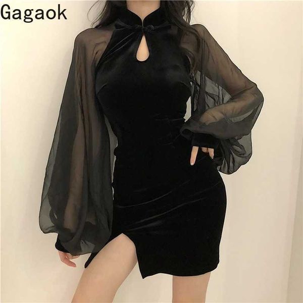 

women chinese style dress spring autumn solid lantern sleeve stand empire sheath slim female fashion dresses 210531, Black;gray
