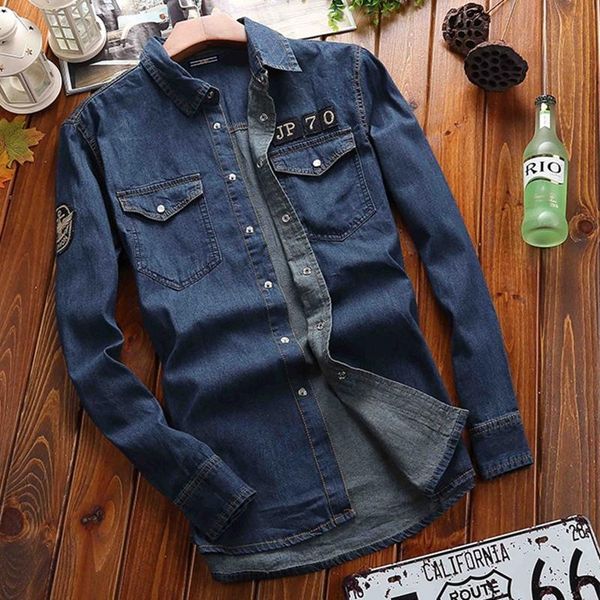 

men's casual shirts 2021 spring fashion denim long sleeve shirt blue lapel double pocket loose pure cotton jacket, White;black