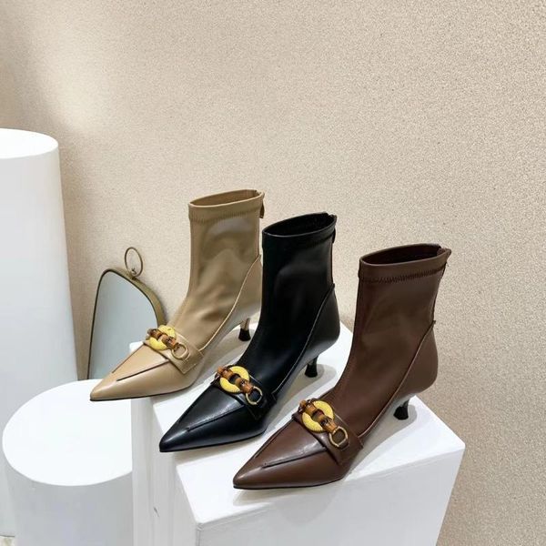 

boots fashion women ankle black/beige/brown metal design short sock booties thin mid heels spring/autumn 35-39