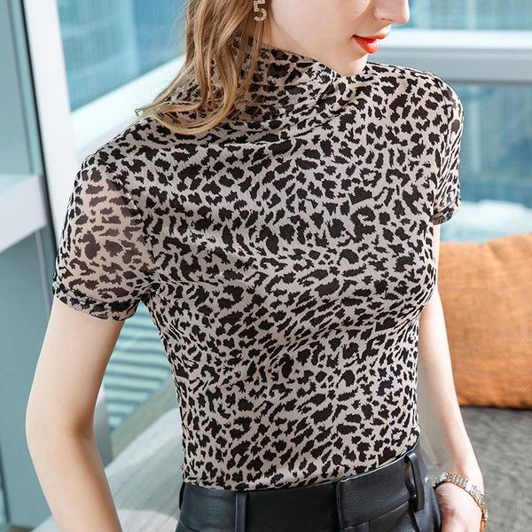 

clothes for women 2021 spring summer cotton leopard print mesh short sleeve t shirt stretch inner wear waist control women's t-shirt, White