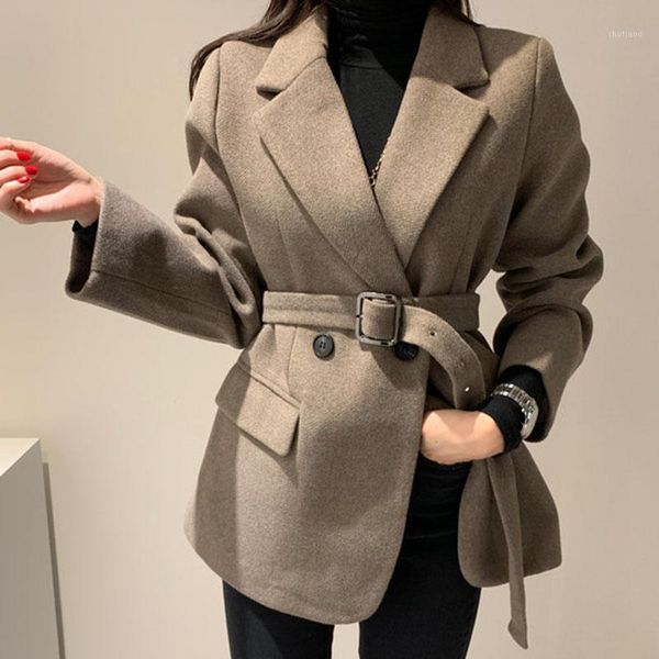 

women's wool & blends women fashion woolen coat with belt turn-down collar thick short trench double breasted, Black