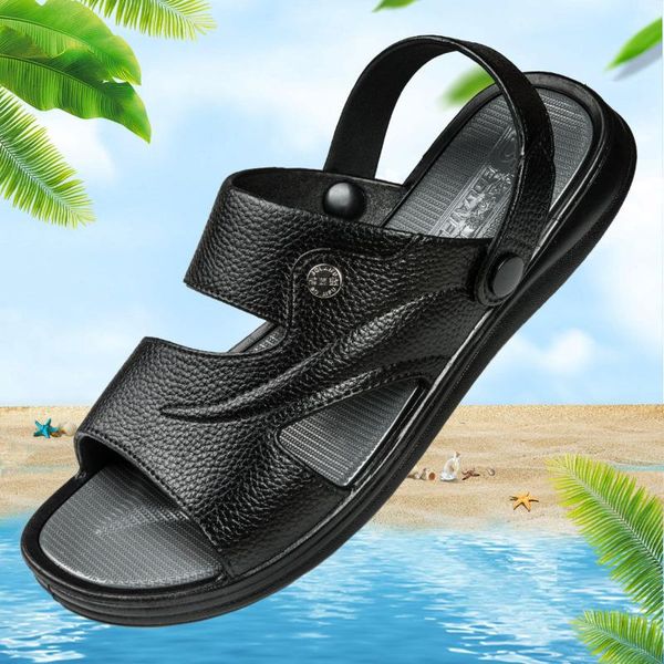 

sandals summer men casual beach classic pu leather slip on male flat black mens