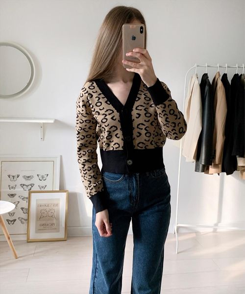 

autumn short jacket foreign women sweaters v neck leopard knit cardigan, White;black