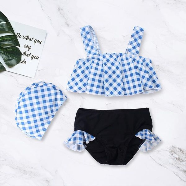 

korean girls two pcs checked swimwear pieces children ruffles tank bikini set for kids fashion toddler swimsuit one-pieces, Black
