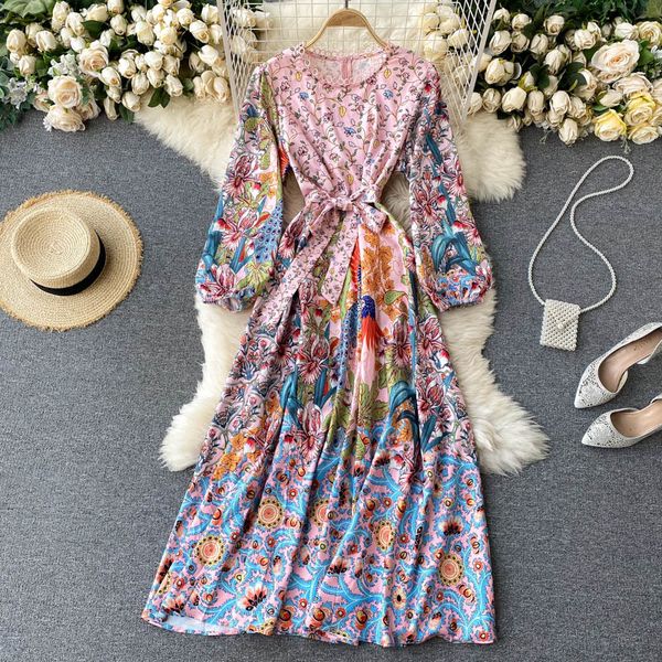 

women court wind maxi dress autumn design hollow o neck long sleeve a-line dresses vintage bohemian print long robe 210419, Black;gray