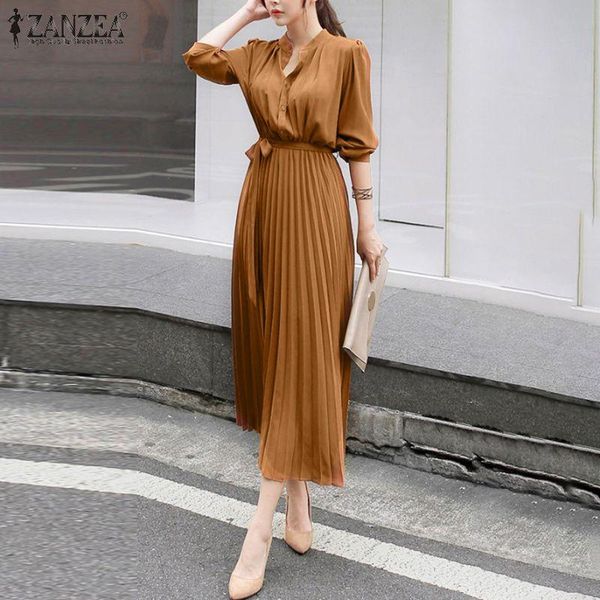 

casual dresses women autumn vintage pleated long dress oversized sleeve street maxi sundress with belt femme o-neck vestido, Black;gray