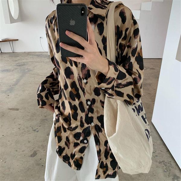 

women's blouses & shirts hzirip high street women loose elegance leopard lapel animal printed chic gentle vintage casual all match clo, White