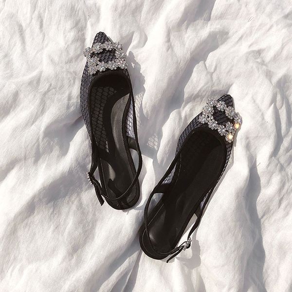 

slippers spring and summer style buckle lace fairy sandals pointy mesh flat bottom female flat sandals 6sz5, Black